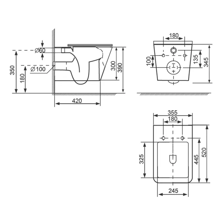 PORTO WC wiszące, Vortex Rimless, 35,5x52 cm, biały PZ102V wymiary