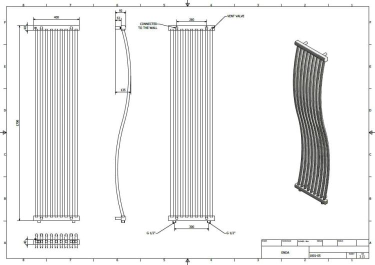 ONDA Grzejnik łazienkowy dekoracyjny chrom 425 W 400x1700 mm 1801-05  - rys.techn.