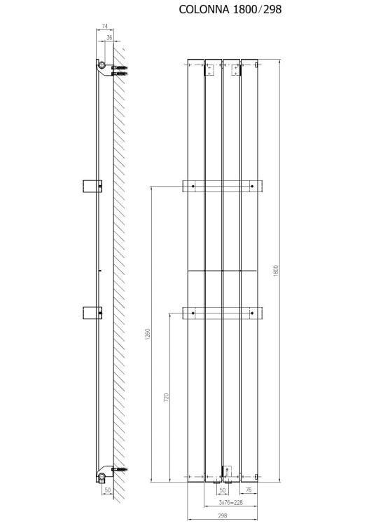 COLONNA Grzejnik łazienkowy dekoracyjny łupkowy ze strukturą czarny 614 W 298x1800 mm - rysunek techniczny