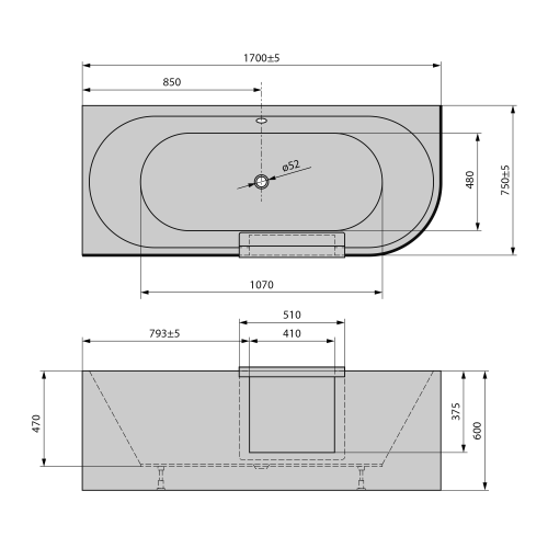 PORTAS L asymetryczna wanna z drzwiami, 170x75x60cm, biały 75531 wymiary