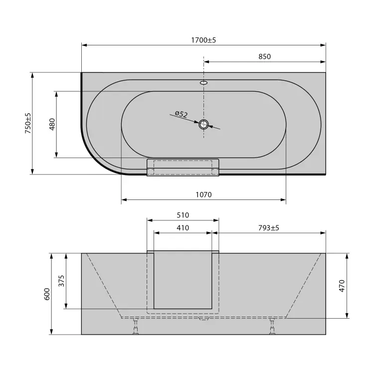 PORTAS R asymetryczna wanna z drzwiami, 170x75x60cm, biały 75541 wymiary