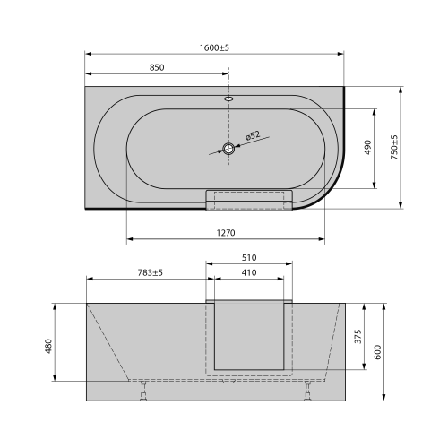 PORTAS L asymetryczna wanna z drzwiami, 160x75x60cm, biały 75581 wymiary
