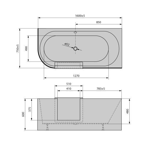 PORTAS R asymetryczna wanna z drzwiami, 160x75x60cm, biały 75591 wymiary