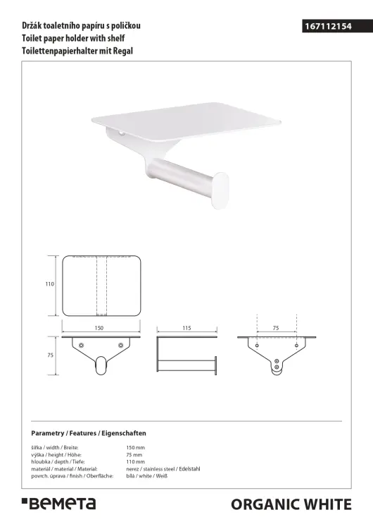 ORGANIC WHITE Wieszak na papier toaletowy z półką 167112154 wymiary