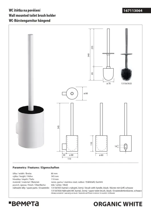 ORGANIC WHITE Szczotka WC wisząca 167113064 wymiary