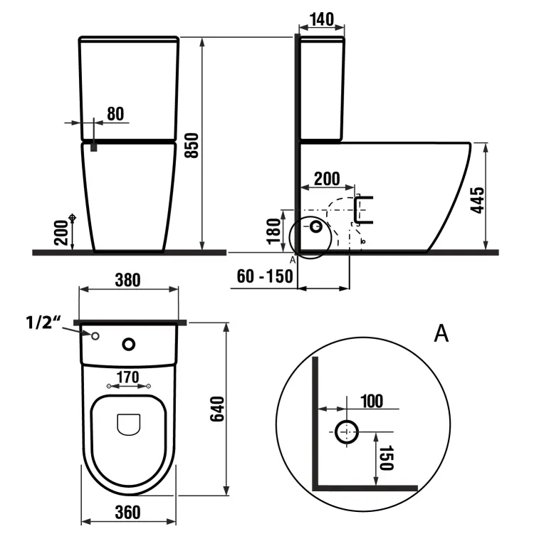 TURKU kompakt WC, Vortex Rimless, odpływ poziomy/pionowy, biały PC104V wymiary