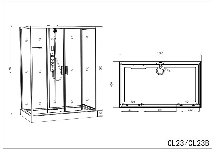 Kabina prysznicowa prostokątna czterościenna 90x160x215 cm NEW YORK czarny CL23B rysunek techniczny