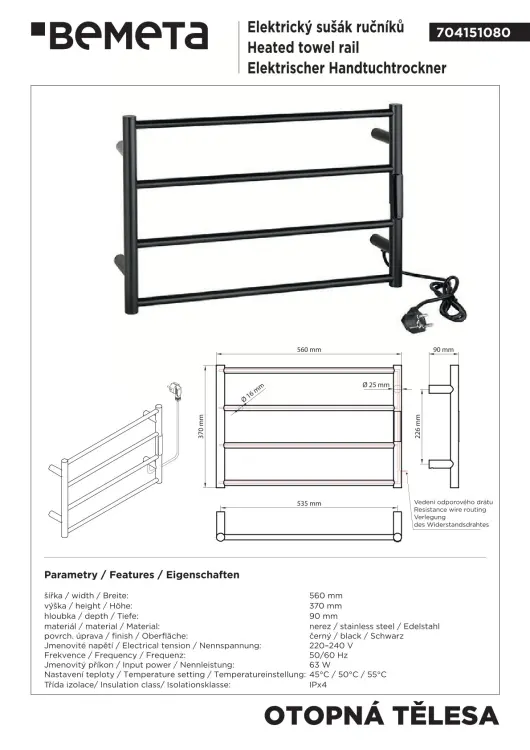 Grzejnik elektryczny na ręczniki 560x370x90 mm, 63 W, czarny 704151080 rysunek techniczny