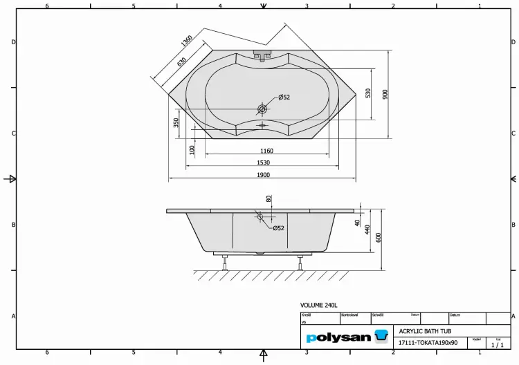 TOKATA Wanna akrylowa specjalna 190x90 cm 17111 - rysunek techniczny