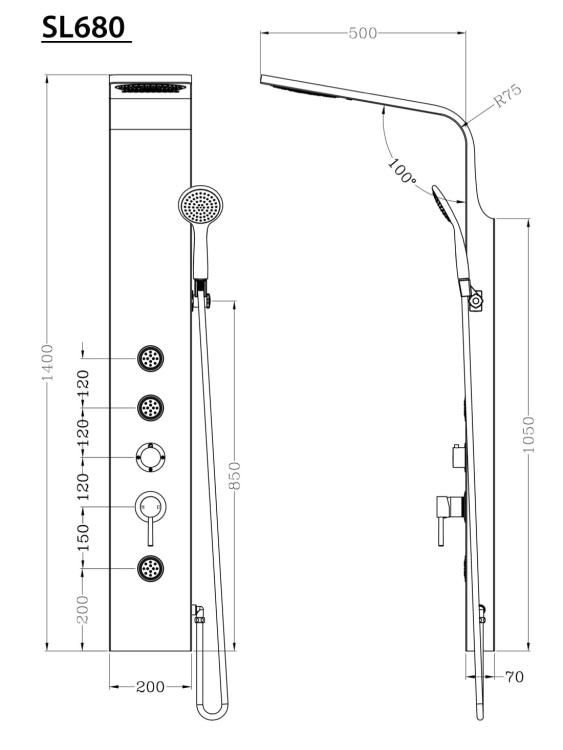 TUSA Panel prysznicowy z baterią SL680 wymiary