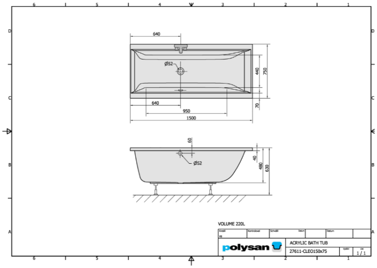 CLEO Wanna akrylowa prostokątna 150x75 cm 27611 karta techniczna