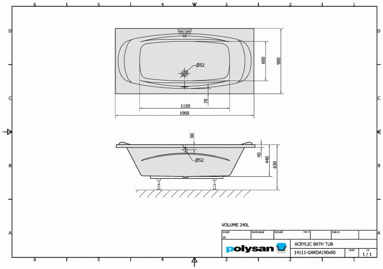 GARDA Wanna akrylowa prostokątna 190x90 cm 14111 rysunek techniczny