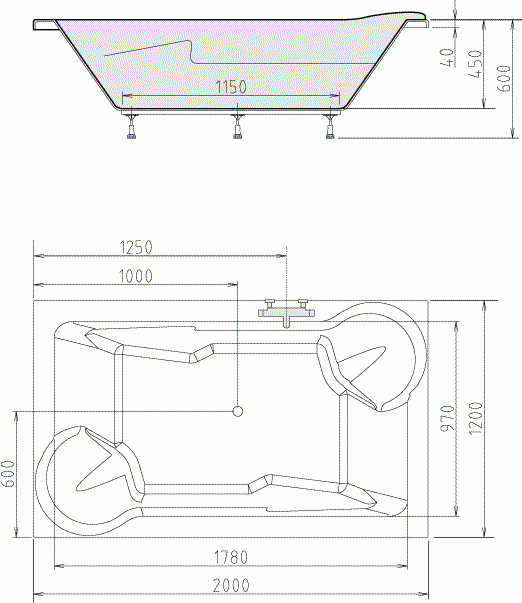 DUO Wanna akrylowa prostokątna 200x120 cm 16111 rysunek techniczny