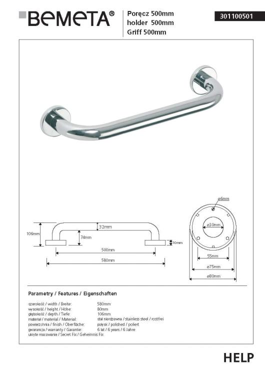 HELP Poręcz prosta 50 cm stal nierdzewna 301100501, karta produktu