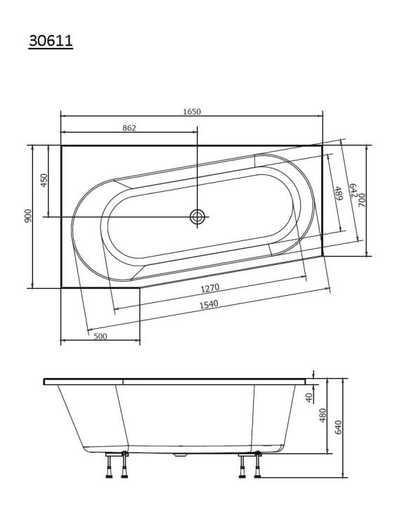 ASTRA WL Wanna akrylowa asymetryczna 165x90 cm (lewa) 30611 rysunek techniczny
