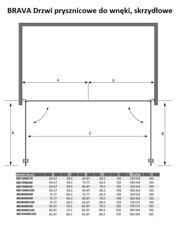BRAVA Drzwi prysznicowe do wnęki skrzydłowe 150x195 cm MD80MD80