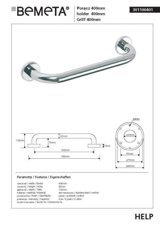 HELP Poręcz prosta 40 cm stal nierdzewna 301100401, karta produktu