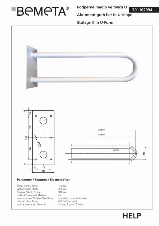 HELP Poręcz typu U 90 cm kolor biały 301102994, wymiary