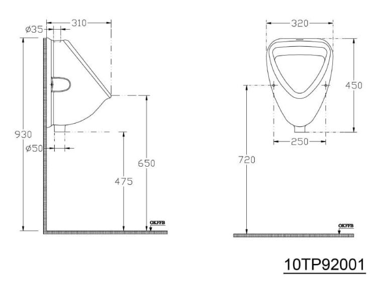 Pisuar ceramiczny 45x31 cm 10TP92001 rysunek techniczny
