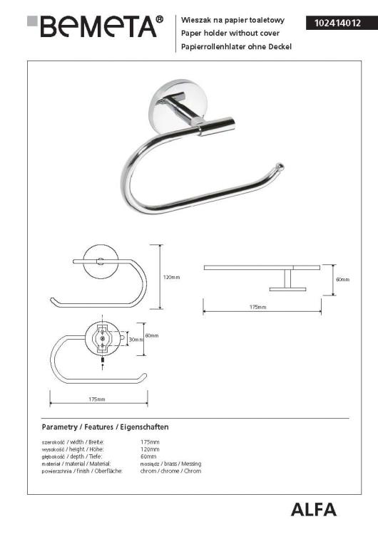 ALFA Wieszak na papier toaletowy 102414012, karta produktu