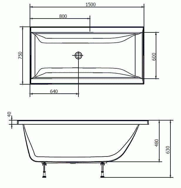 CLEO Wanna akrylowa prostokątna 150x75 cm 27611 rysunek techniczny
