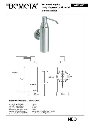 NEO Dozownik do mydła 150 ml 104109015, wymiary