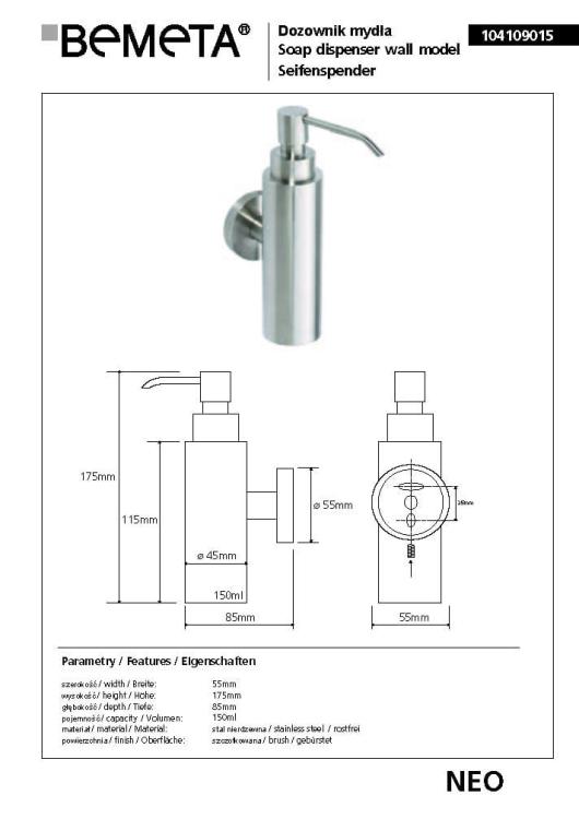 NEO Dozownik do mydła 150 ml 104109015, wymiary
