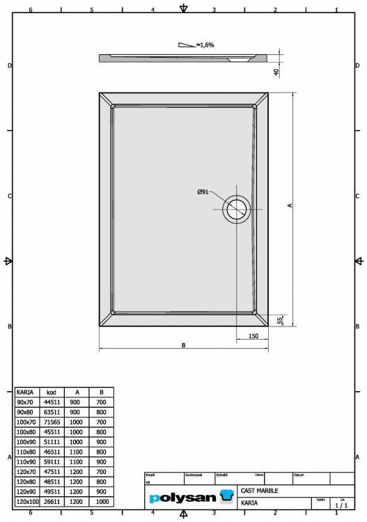KARIA Brodzik kompozytowy prostokątny 100x80 cm 45511 - rysunek techniczny