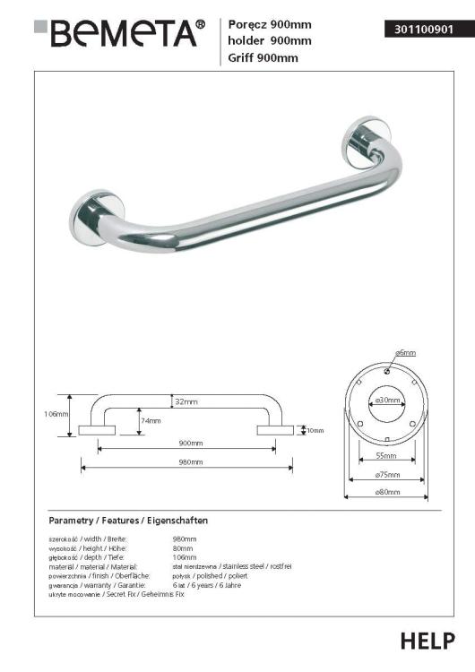 HELP Poręcz prosta 90 cm stal nierdzewna 301100901, karta produktu