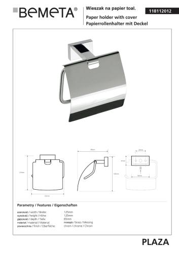 PLAZA Wieszak na papier toaletowy z pokrywą 118112012, wymiary