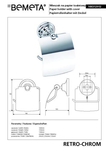 RETRO Wieszak na papier toaletowy chrom połysk 144312012, wymiary