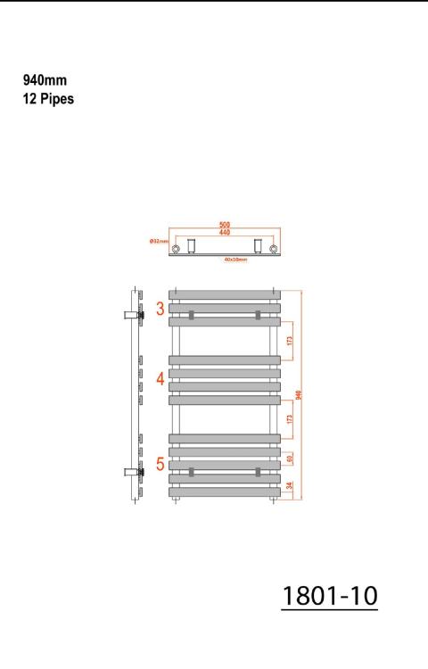 JALOUSI Grzejnik łazienkowy biały 328 W 500x940 mm 1801-10 - rysunek techniczny