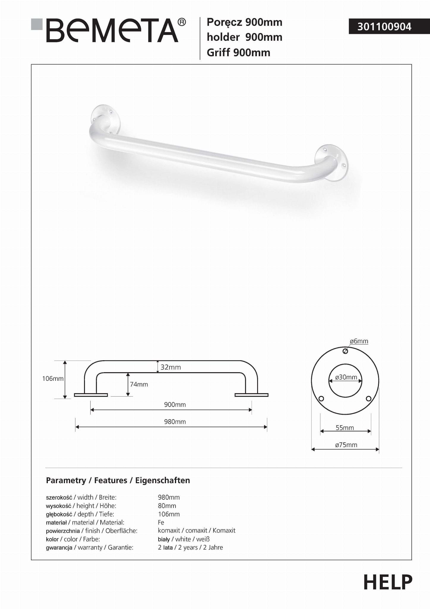 HELP Poręcz prosta 90 cm kolor biały 301100904, karta produktu