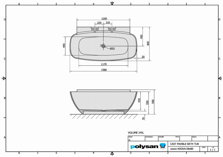 NIGRA Wanna wolno stojąca z konglomeratu marmurowego 158x80 cm biała 82511 - rysunek techniczny