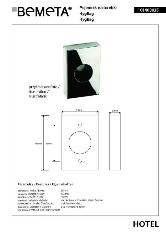 NEO Pojemnik na torebki higieniczne HygBag, matowy 101403035, wymiary