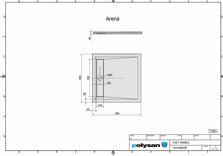 ARENA Brodzik kompozytowy kwadratowy z odpływem liniowym 90x90 cm 71601 - rysunek techniczny