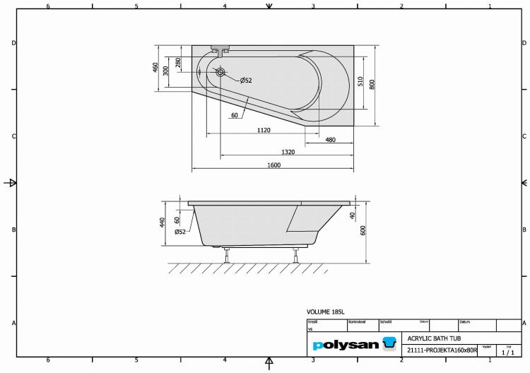 PROJEKTA Wanna akrylowa asymetryczna 160x80 cm (prawa) 21111 rysunek techniczny