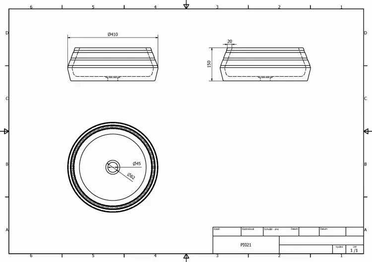 PRIORI Umywalka ceramiczna nablatowa, okrągła 41x15 cm, czarna z kamieniem PI021 rysunek techniczny