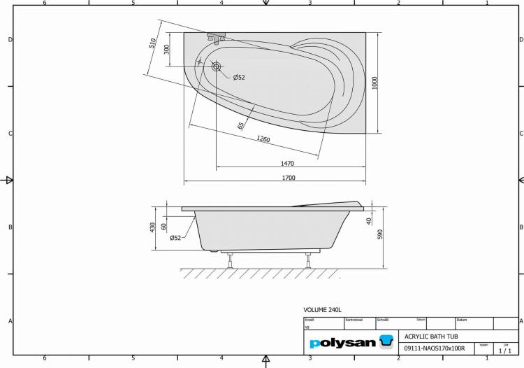 NAOS Wanna akrylowa asymetryczna 170x100 cm (prawa) 99111 rysunek techniczny