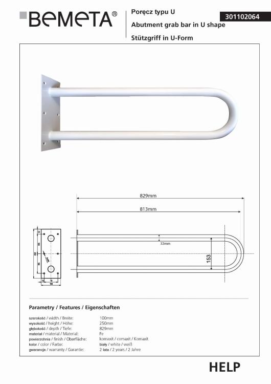 Poręcz łazienkowa typu U 81,3 cm kolor biały 301102064, wymiary
