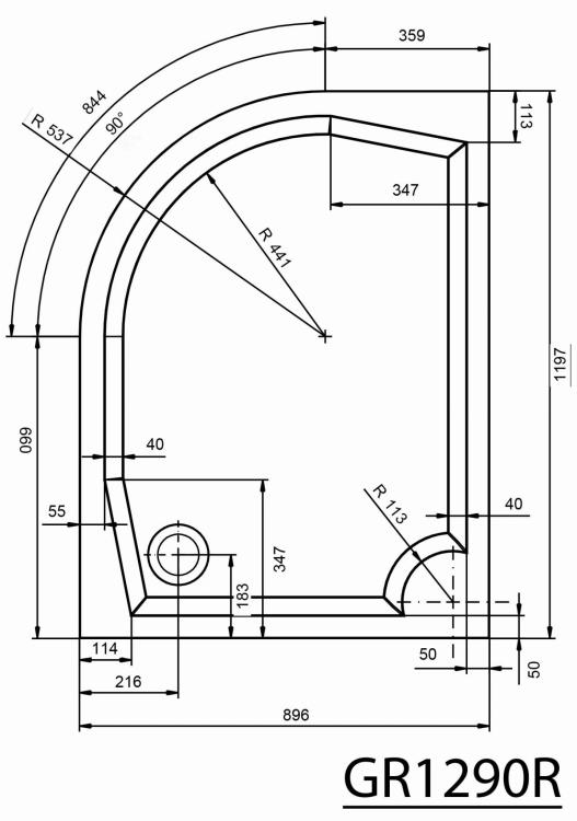 RIVA Brodzik kompozytowy półokrągły prawy R55 120x90 cm GR12090R  rysunek techniczny