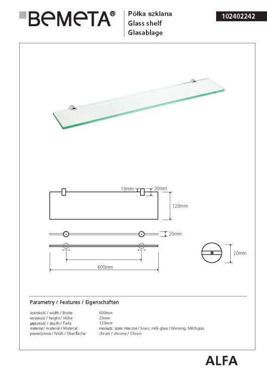 ALFA Półka szklana 60 cm 102402242, karta produktu