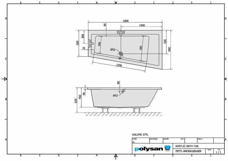 ANDRA Wanna akrylowa asymetryczna 180x90 cm (prawa) 78771 rysunek techniczny