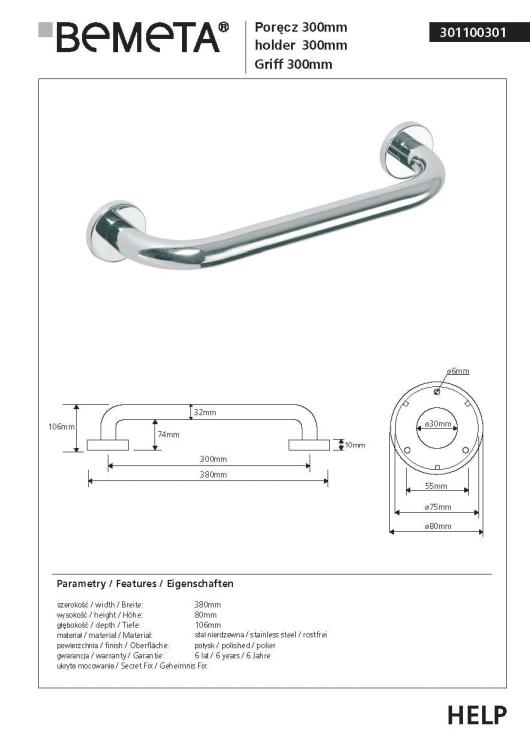 HELP Poręcz prosta 30 cm stal nierdzewna 301100301, karta produktu