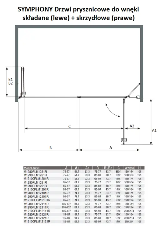 SYMPHONY Drzwi prysznicowe do wnęki skrzydłowo-składane 170x195 cm M1281RM12100FL wymiary