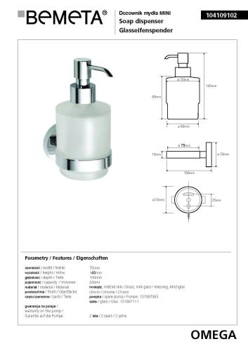 OMEGA Dozownik do mydła 200 ml Mini 104109102, wymiary