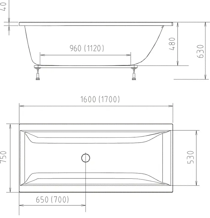 CLEO Wanna akrylowa prostokątna 170x75 cm 94611 rysunek techniczny