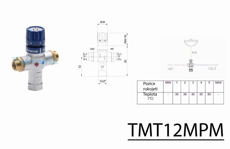 Termostatyczny zawór mieszający, M12, 30-60°C, zawory zwrotne TMT12MPM - rysunek techniczny