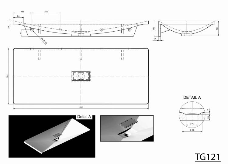 TONGA Umywalka kompozytowa 121x50 cm TG121 - rysunek techniczny