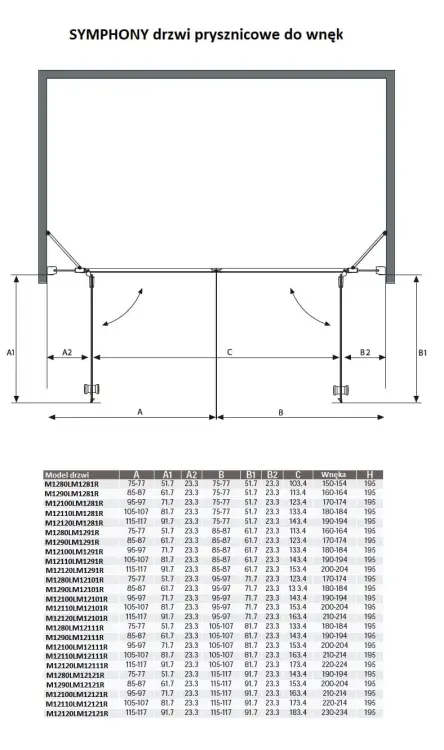 SYMPHONY Drzwi prysznicowe do wnęki skrzydłowe 210x195 cm M12100LM12121R wymiary